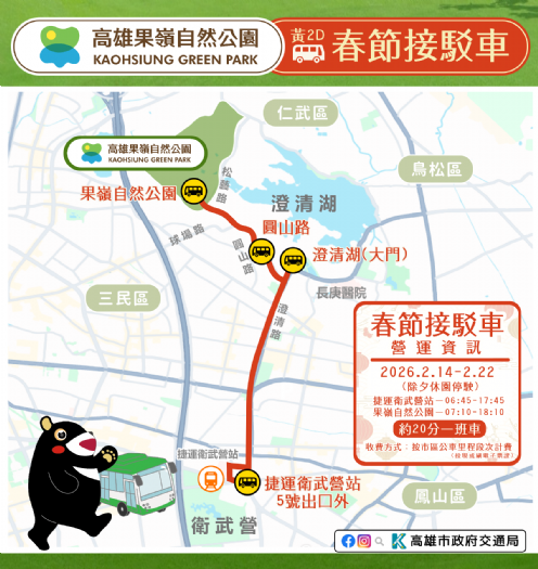 春節果嶺踏青最輕鬆的選擇，捷運衛武營站-黃2D果嶺自然公園接駁車